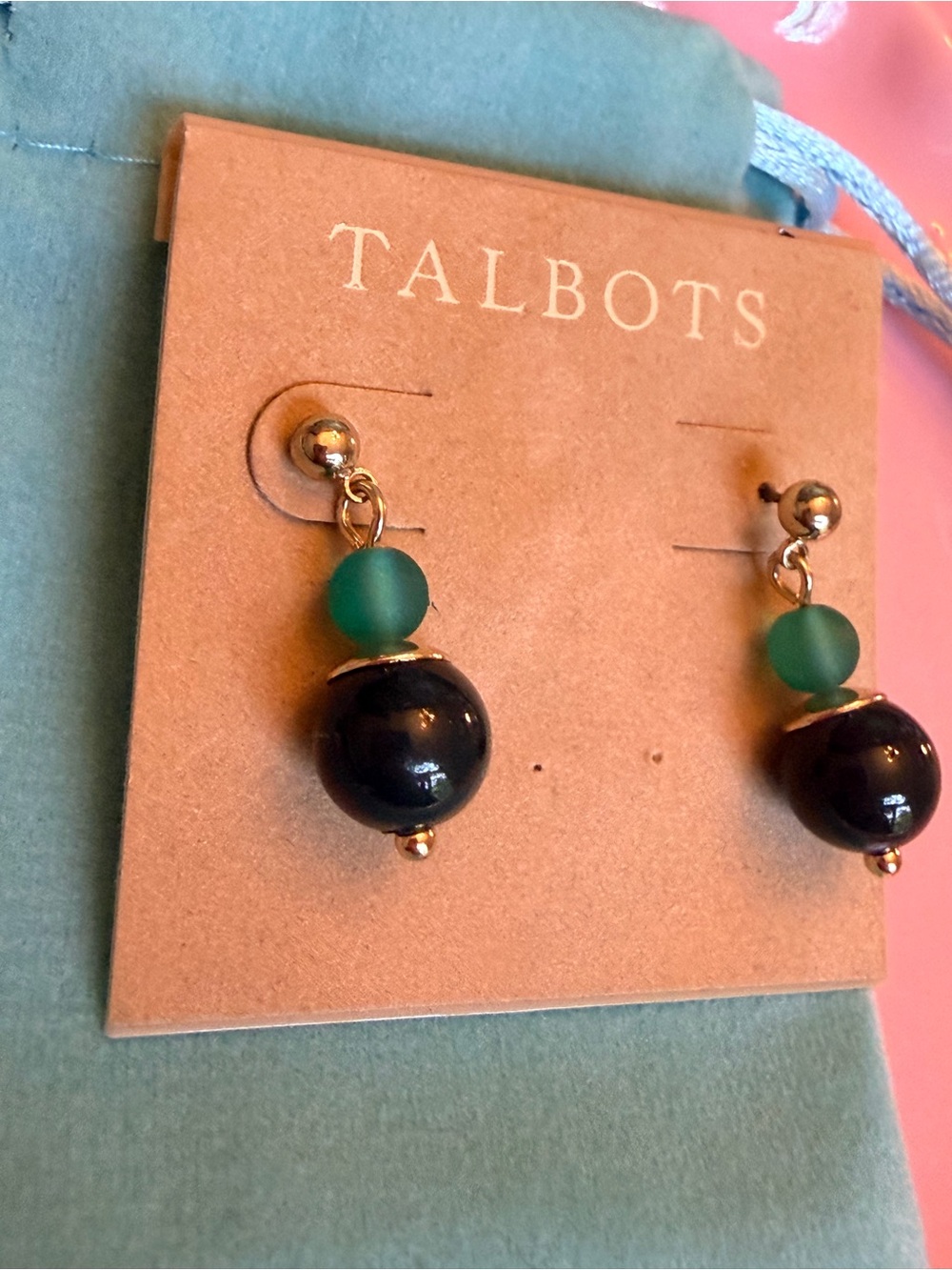 Talbots Black & Green Beaded Dangle Earrings – New on Card